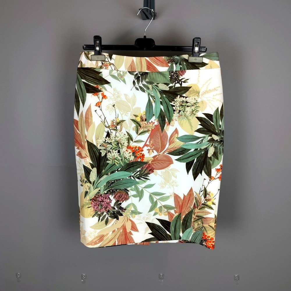 Laura Tropical Floral Pencil Skirt Size 12 White Green Botanical Stretch Lined